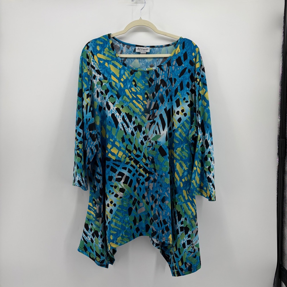 Serengeti Womens 2X Blue Multi Abstract Sharkbite Hem 3/4 Sleeve Tunic Top